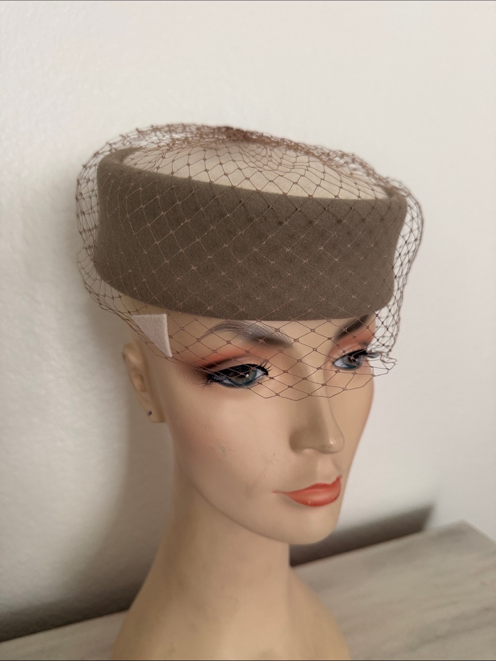 Frank Clive 1950s Vintage Taupe Pillbox Hat with Veil